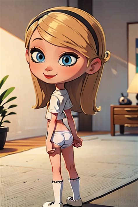 A cartoon girl in a short skirt and white shirt standing in a room - SeaArt AI