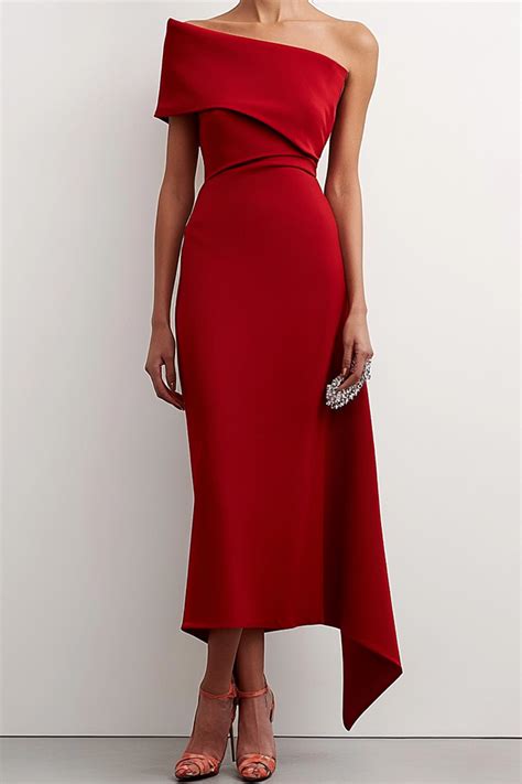 Women's Cocktail Party Dress Christmas Off-Shoulder Red Midi Dress in ...