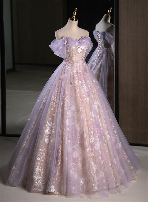 Light Purple A-line Tulle with Floral Long Prom Dress, Light Purple Ev ...