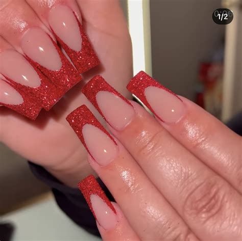 Red glitter frenchies | Red sparkle nails, Red nails glitter, Red ...