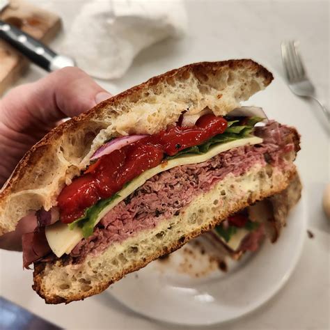 BH London broil roast beef, provolone, roasted red peppers, green leaf ...
