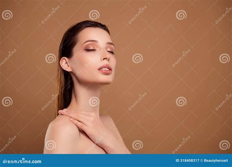 Photo of Sweet Adorable Lady Naked Shoulders Enjoying Body Lotion Empty ...