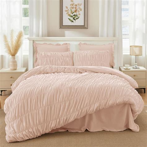 Amazon.com: CAPALOCA Pink Comforter Set Queen - Boho Fluffy Ruched ...