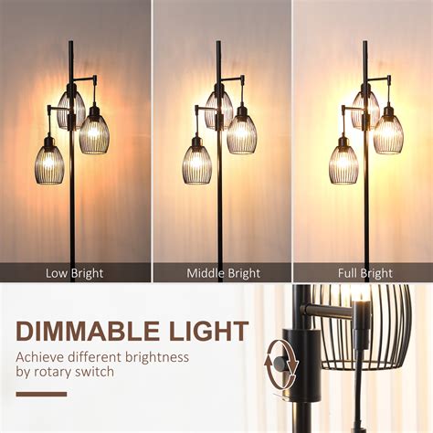 170cm Industrial 3-Light Floor Lamp, Dimmable Standing Lamp with Steel ...