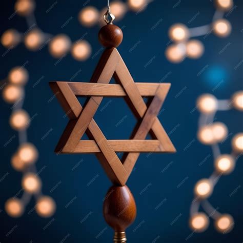 Premium Photo | Wooden star of David on a blue background with bokeh An ancient symbol the ...