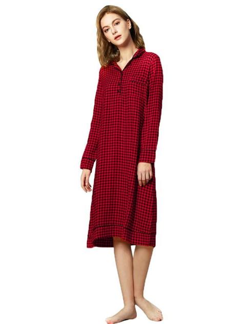 Women's Plaid Flannel Nightgown Warm Cotton Midi Nightgown - Walmart.com