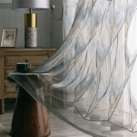 Geometrica Embroidered Sparkling Blue Gold Gray Sheer Curtain