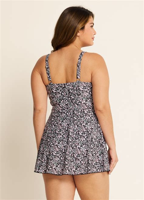 Lilyease Black Floral Cute Plus Size Swimwear Swimdress Set For Women ...