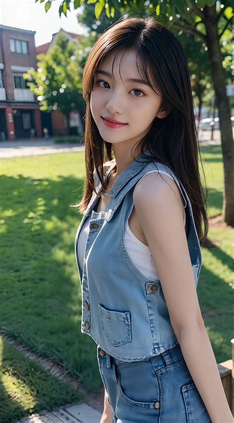 A close up of a woman in a denim dress standing on a sidewalk - SeaArt AI