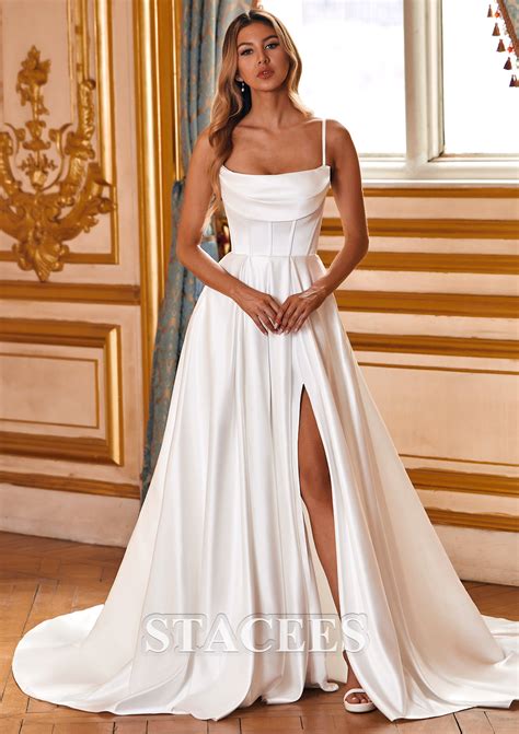 A-line Cowl Neck Satin Chapel Train Wedding Dress with Bowknot Pleated Pockets Split S3052W ...