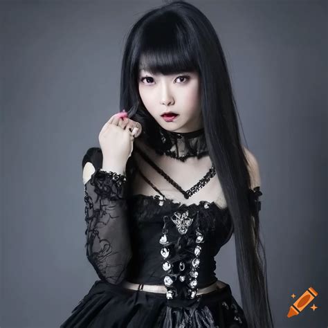 A gothic japanese girl with long black hair, black lipstick, purple eyes, and black gothic ...