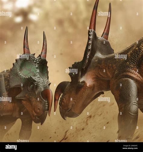 Two Einiosaurus dinosaurs fighting Stock Photo - Alamy