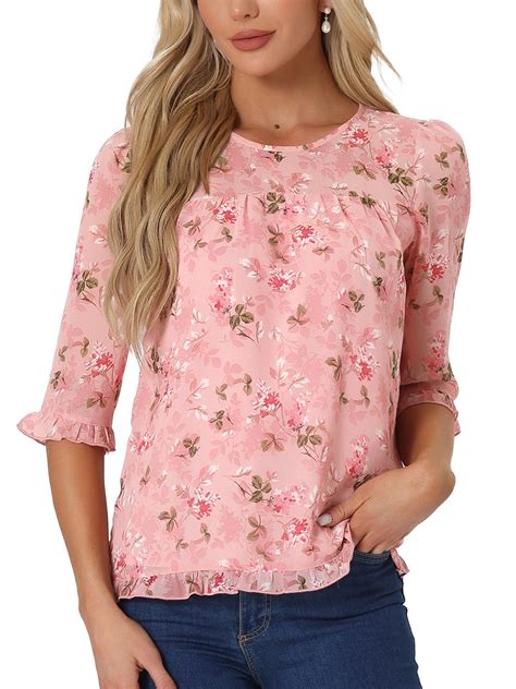 Allegra K Women's Blouses Floral Round Neck Ruffled 3/4 Sleeves Flowy ...