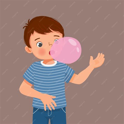 Premium Vector | Happy little boy blowing chewing gum bubbles