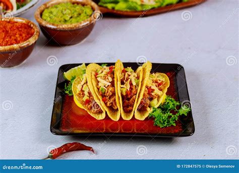 Stuffed Taco Shells, Salsa and Guacamole, Mexican Dish Tacos Stock ...