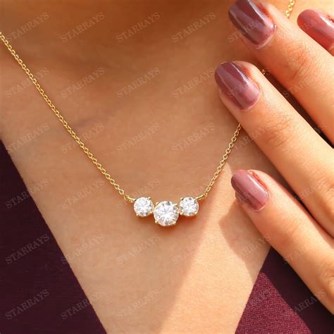 Classic 3 Stone Diamond Necklace / 14k Gold Moissanite Necklace for ...