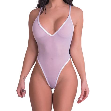 Sheer See-through Bodysuit Lingerie, One Piece Bikini, Stretch Mesh V ...