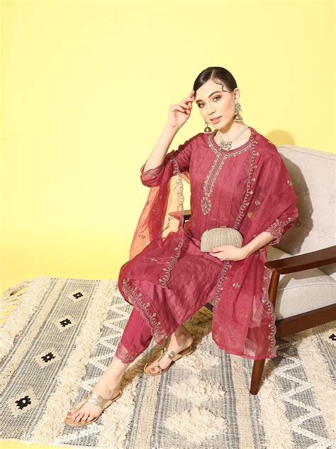 Buy SheWill Women Ethnic Motifs Embroidered Sequinned Kurta With Trousers & With Dupatta - Kurta ...