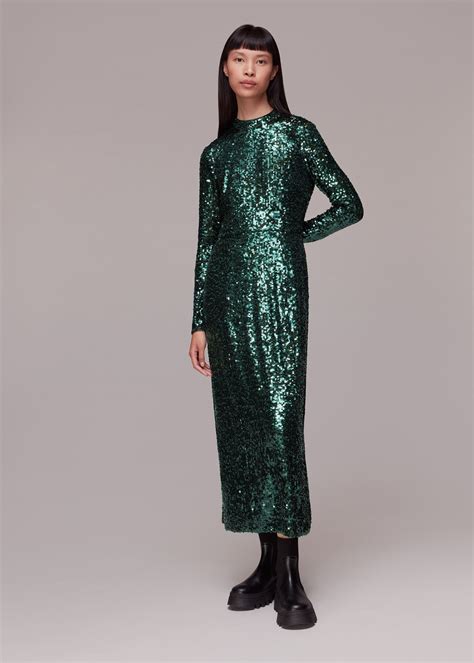 Dark Green Minimal Sequin Midi Dress | WHISTLES