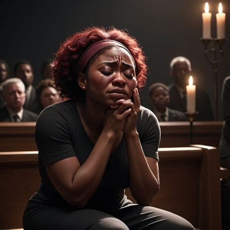 A black woman crying in pain, eyes closed, on knees,...