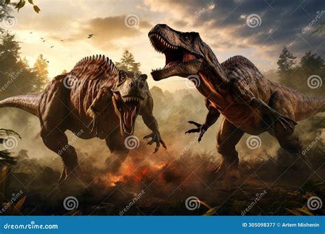 Dinosaur Scene of the Two Dinosaurs Fighting. Stock Illustration ...