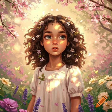 An artistic illustration of a young girl with curly brown hair and ...