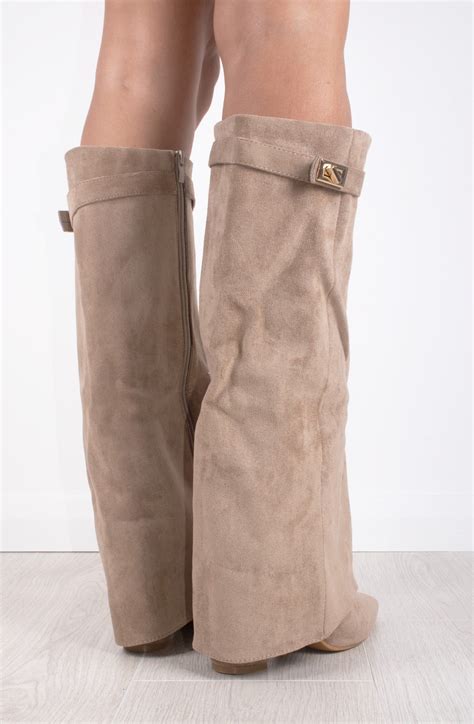 Taupe Faux Suede Fold Over Shark Classic Buckle Knee High Boot ...