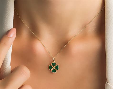 14K Yellow Gold Malachite Four Leaf Clover Necklace, Malachite Clover ...