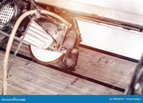 Circular Saw for Tile Processing. the Master Cuts the Tiles. Stationary ...