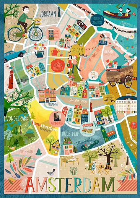 an illustrated map of the city of amsterdam, with many different buildings and trees on it