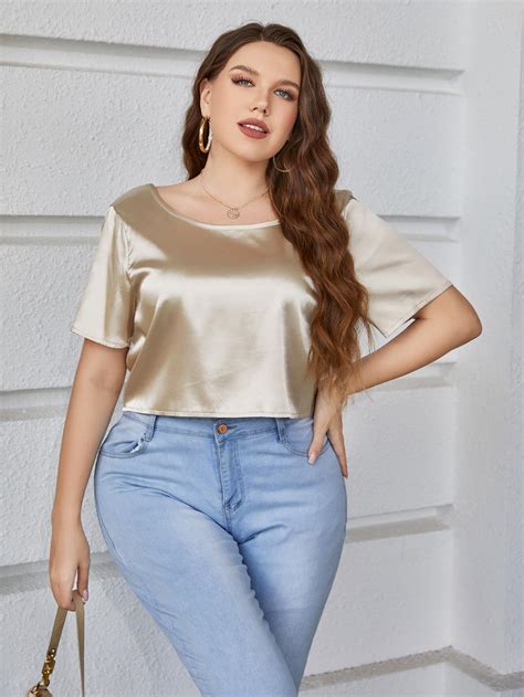 Plus-Size-Women-s-Casual-Gold-Silk-Satin-Blouse-Short-Sleeves-Crew-Neck ...