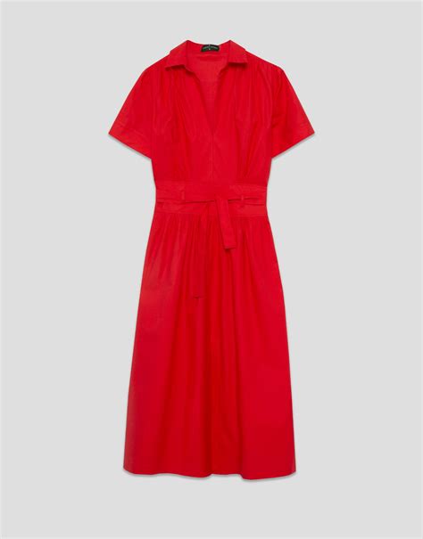 Red satiny cotton midi shirtwaist dress | Roberto Verino