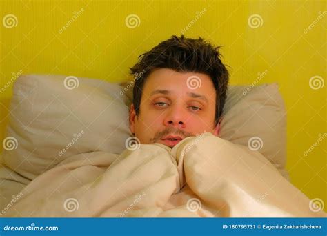 Sick Man Waking Up with Headache, Sars, Cold, Coronavirus, Portrait Closeup. Stock Image - Image ...