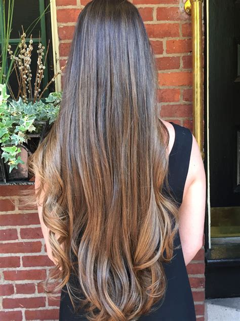 Brunette and caramel balayage | Waist length hair, Long layered hair ...
