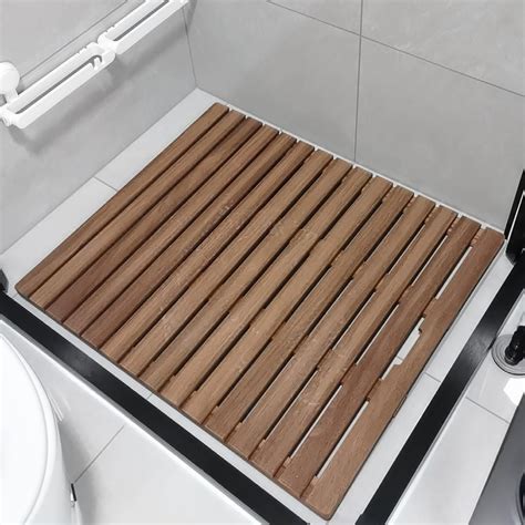 Teak Shower Floor Mat 24-44" - Anti-Slip Bath Mat with Drain Hole ...