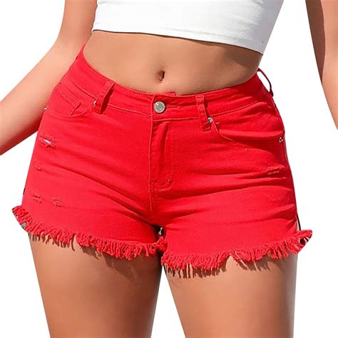 Red Womens Shorts Women's Spring/Summer Wash Vintage Worn Solid High ...