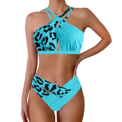 Swimsuits for Women Trendy Print Criss Cross Halter Separates Bikinis ...