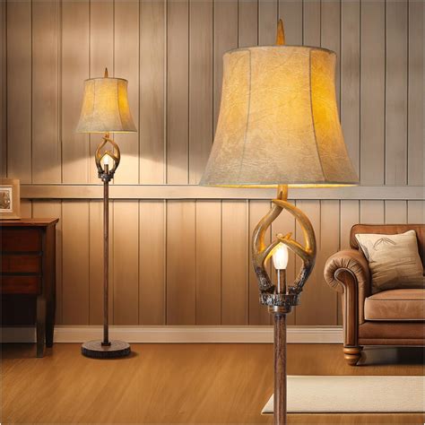 Rustic Farmhouse Antlers Floor Lamp with Night Light Faux leather Bell ...