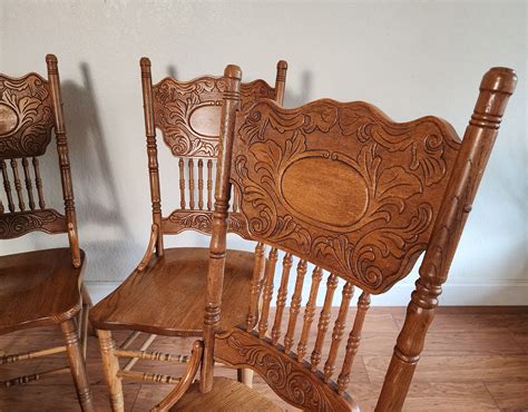 Vintage Solid Wood Carved Pressed Back Dining Chairs, Set of 4 - Etsy