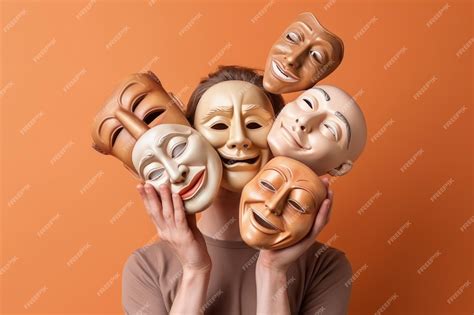 Premium Photo | Fake emotion play a role concept Character holds masks ...