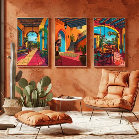Set of Three Mexican Villa Canvas Art - Vibrant Mexican Wall Decor ...