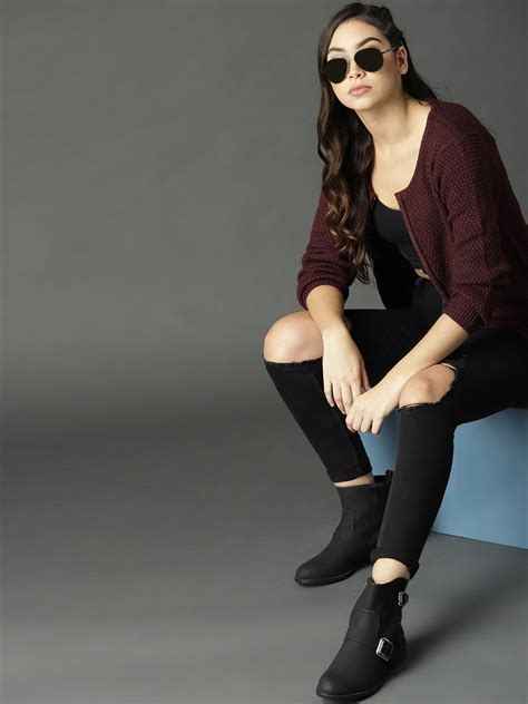 Buy Roadster Women Burgundy Self Design Cardigan - Sweaters for Women ...