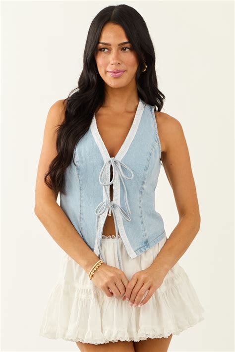 Light Wash Denim Eyelet Lace Trim Tie Front Vest | Lime Lush Boutique