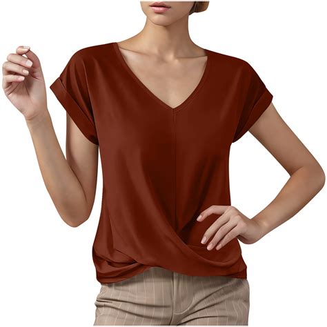 fatyb Women's Casual Shirts Twist Front V-Neck Short Sleeve Tshirts ...