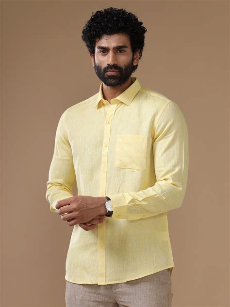 Men Pure Linen Light Yellow Shirt L5