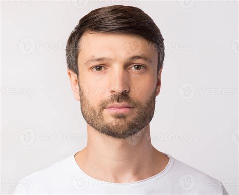 Passport Photo. Portrait Of Middle Aged Man Looking At Camera Over ...