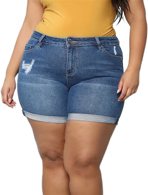 Plus Size Women's Ripped Denim Jean Shorts High Waisted Stretchy Folded ...