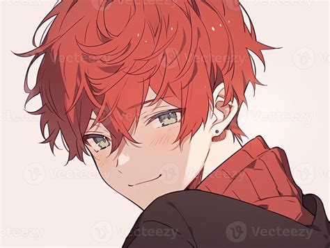 anime boy with red hair and green eyes in a black jacket. generative ai ...