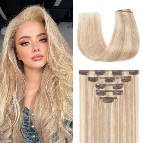 Amazon.com : Clip in Hair Extensions Real Human Hair, #18P613 Camel ...