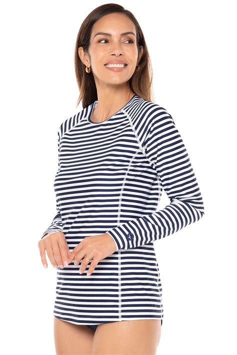 Women's Long Sleeve Swim Shirt | White/Navy Stripe UPF 50+